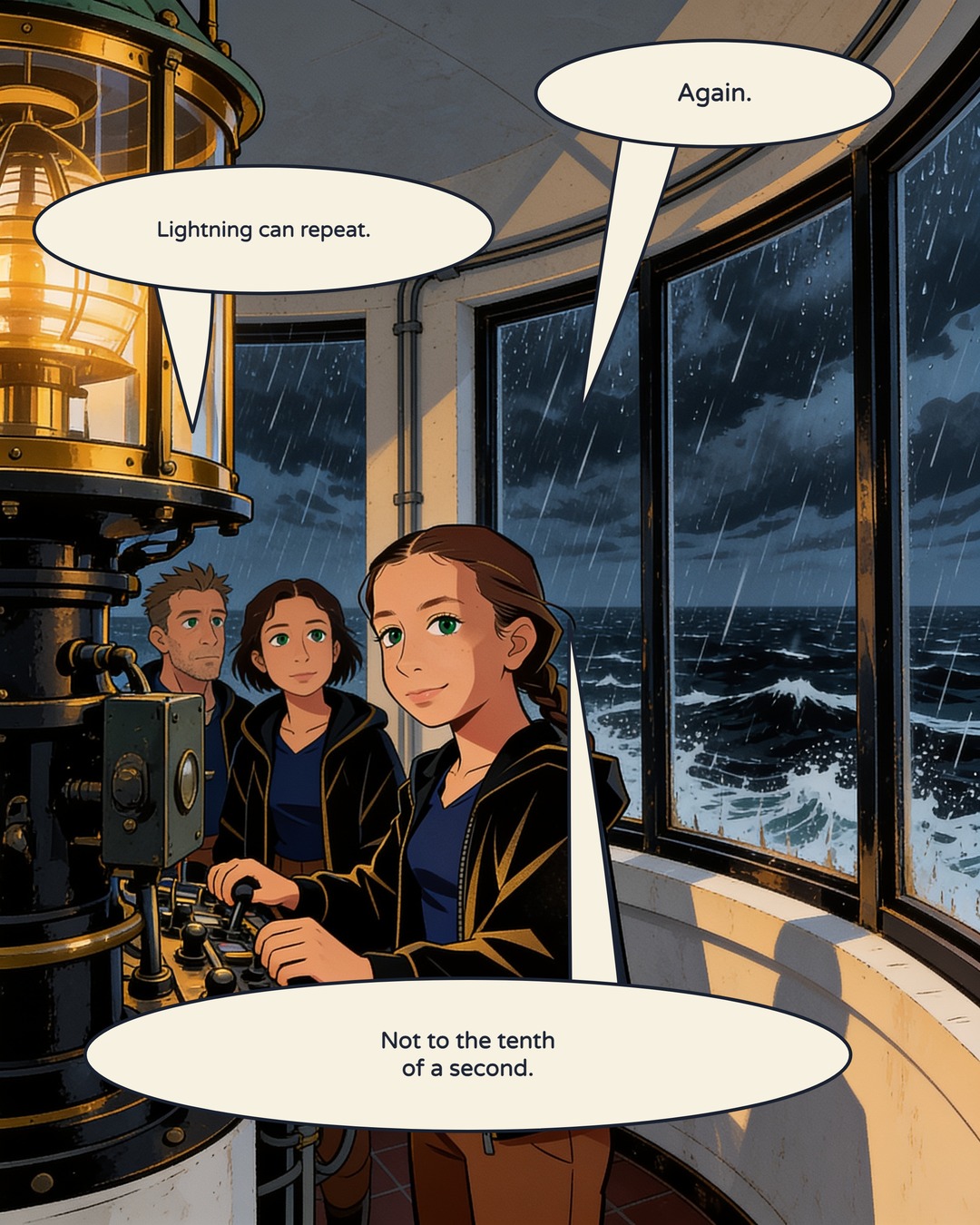 Ruth and her family tend the lighthouse beam in a storm